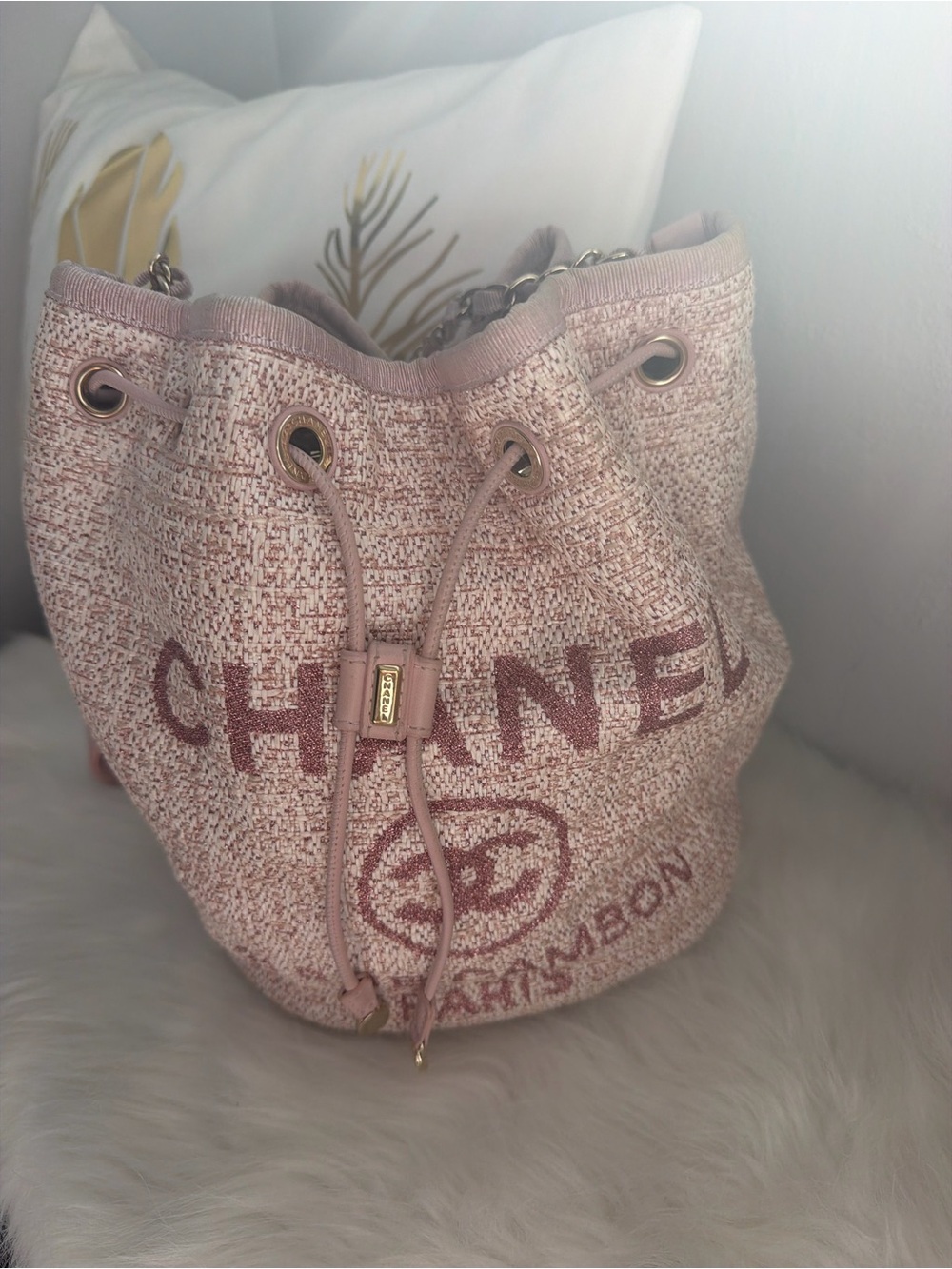 CHANEL Blush Pink Tweed Drawstring Bucket Bag with Gold Hardware